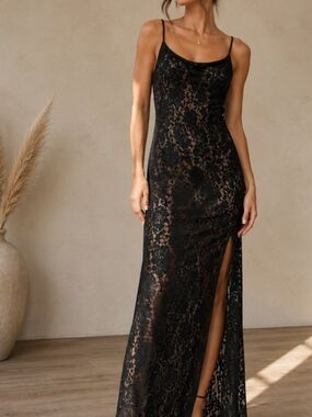 Auden Black Lace Slip Dress with Side Slit
